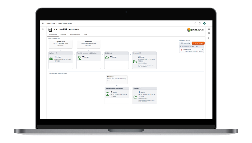 Laptop-Bildschirm, auf dem ein ERP-Dokumenten-Dashboard mit Bereichen für OCR, DMS-Upload und Funktionen zur Rechnungsbearbeitung angezeigt wird.
