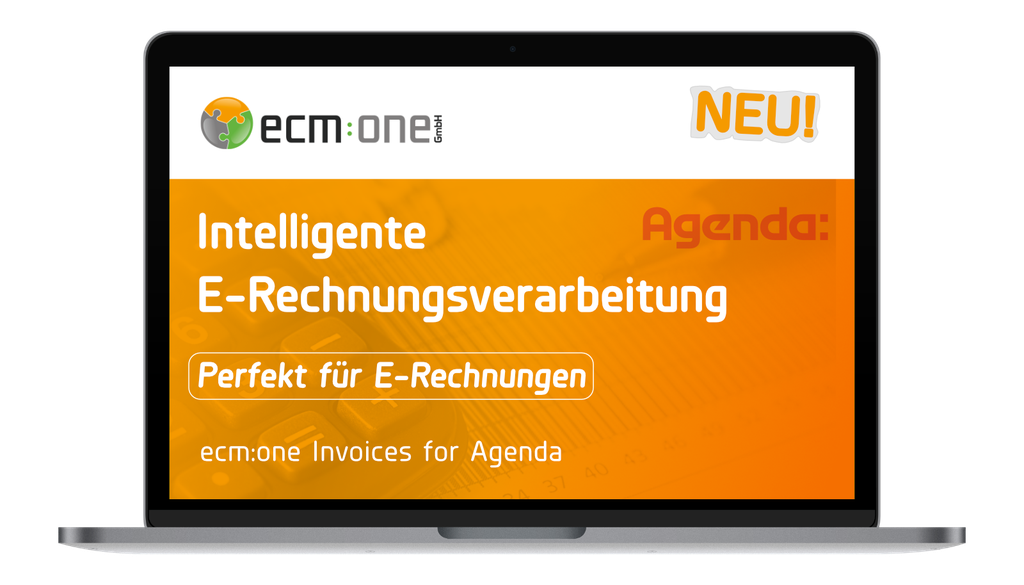 Laptop-Bildschirm, auf dem eine Werbeanzeige für die ECM:one GmbH zu sehen ist, in der für eine intelligente Software zur Verarbeitung elektronischer Rechnungen für Agenda geworben wird.