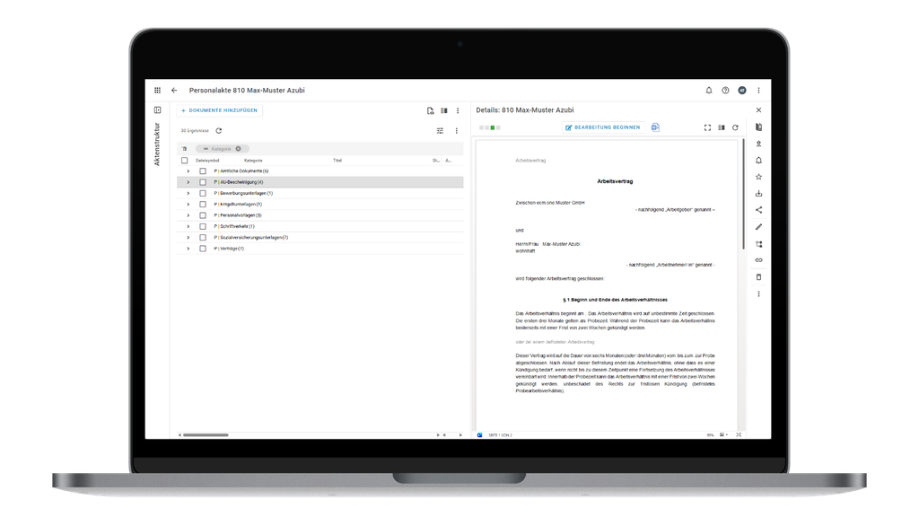 Laptop, auf dem ein Dokumentenverwaltungssystem mit einer Liste von Kategorien auf der linken Seite und einem Vertragsdokument auf der rechten Seite angezeigt wird.