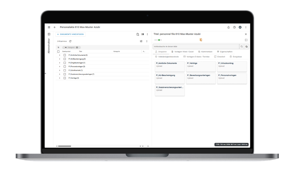 Laptop-Bildschirm, auf dem eine Benutzeroberfläche für Personalakten mit nach Kategorien geordneten Dokumentenordnern und Upload-Optionen angezeigt wird.