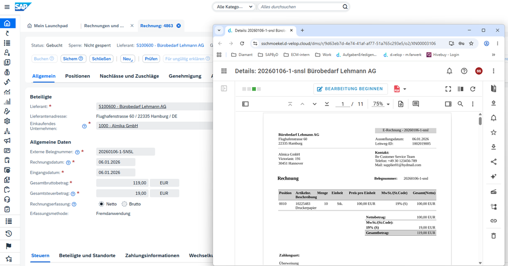 Geteilter Bildschirm mit der SAP-Oberfläche und einer Rechnung im PDF-Format. Die Rechnung enthält Positionsdetails, Daten und einen Gesamtbetrag von 119 EUR.