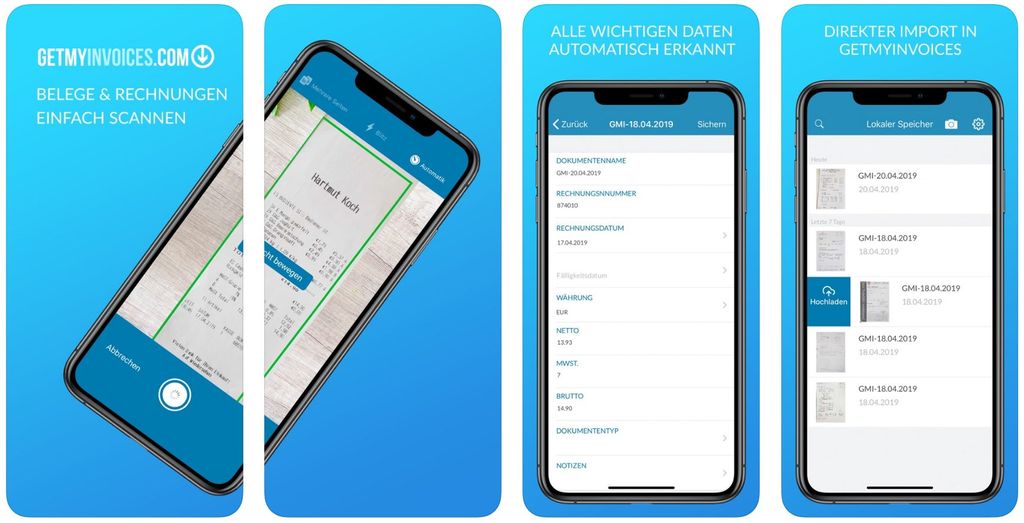 Vier Screenshots einer mobilen App, die das Scannen von Dokumenten, die Datenextraktion und das Importieren von Rechnungen zeigen. Die Benutzeroberfläche ist auf Deutsch und vor blauem Hintergrund dargestellt.