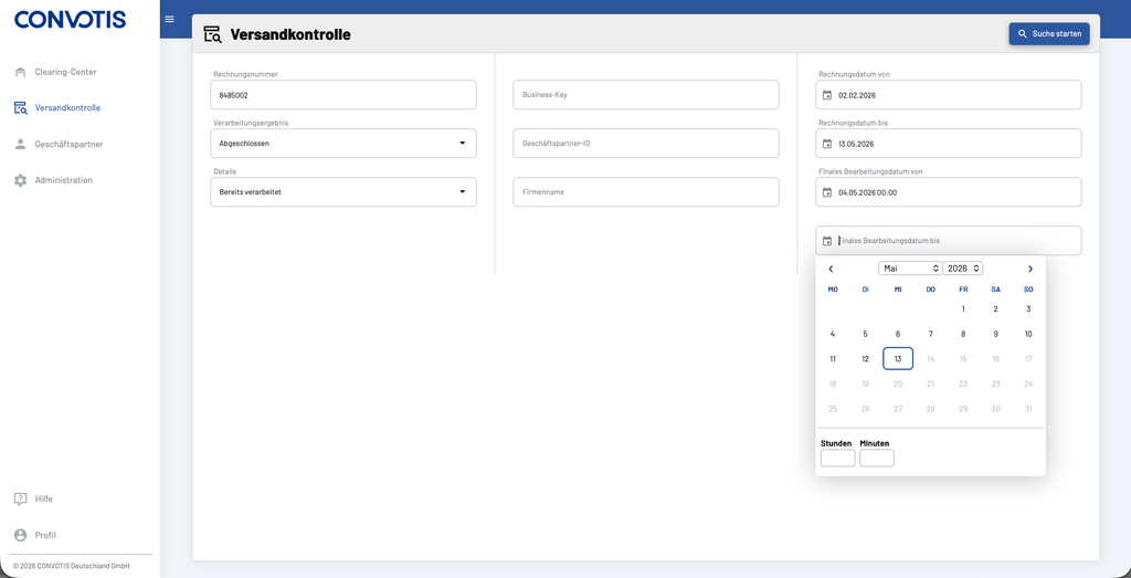 Dashboard interface for "Versandkontrolle" showing invoice details and date range selection with a calendar popup. Sidebar with navigation options.