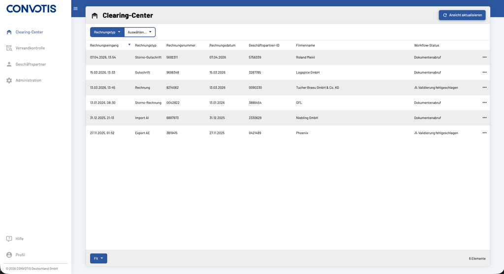 Dashboard displaying invoice details like type, number, date, and company name, with workflow statuses in a table format.