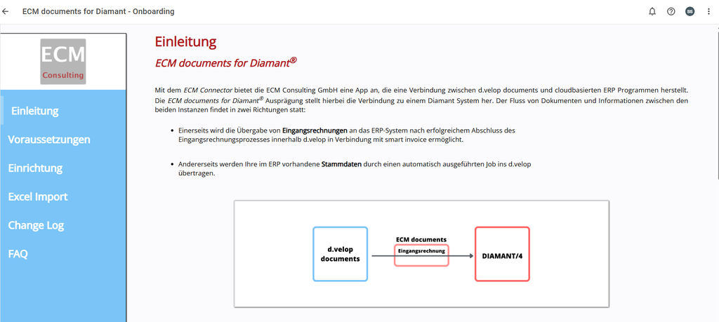 Onboarding-Bildschirm für ECM-Dokumente zur Verknüpfung der Systeme d.velop und DIAMANT, der den Dokumentenfluss auf Deutsch darstellt.
