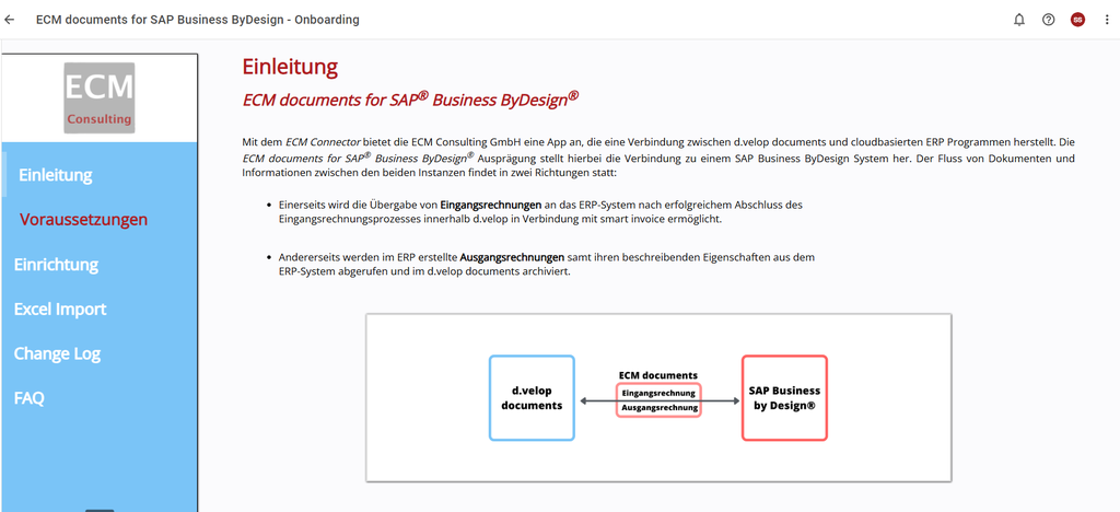 Übersicht über ECM-Dokumente für SAP Business ByDesign. Zu den Inhalten gehören eine Anleitung zur App-Installation, Voraussetzungen, die Einrichtung sowie die Rechnungsintegration.