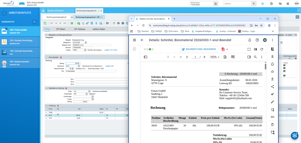 Ein geteilter Bildschirm, auf dem links eine Buchhaltungssoftware mit Rechnungsdetails und rechts eine elektronische Rechnung für Bürobedarf zu sehen ist.