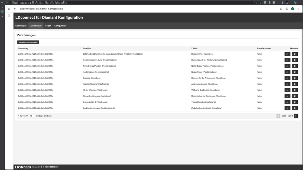 Screenshot der LDConnect-Konfigurationsseite für Diamant, der eine Tabelle mit Sammlung, Quellfeld, Zielfeld und Aktionen zeigt.