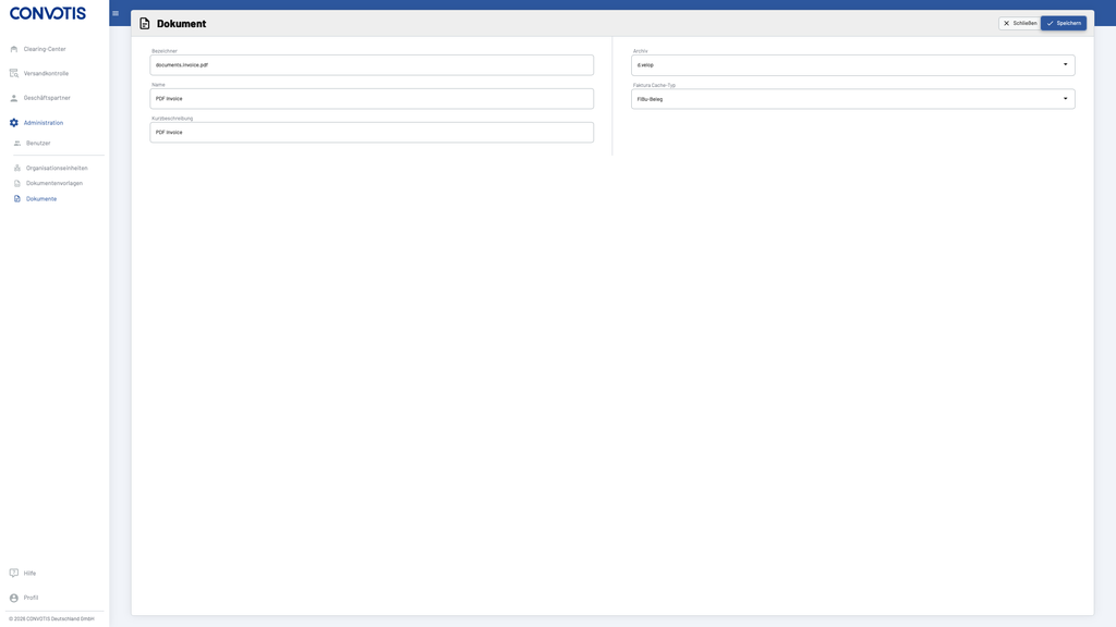 User interface of a document management system with fields for document name, description, archive, and type. Save and close options available.