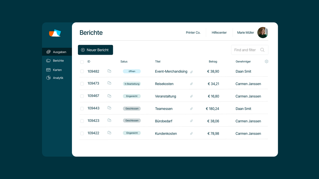 Dashboard-Oberfläche zur Anzeige von Finanzberichten, einschließlich IDs, Status, Titeln, Beträgen und Genehmigern. Optionen zum Erstellen neuer Berichte.