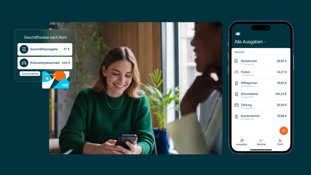 Eine Frau nutzt ihr Smartphone mit einer App zur Ausgabenverwaltung, auf der Reisekosten und Visa-Kartendaten angezeigt werden.