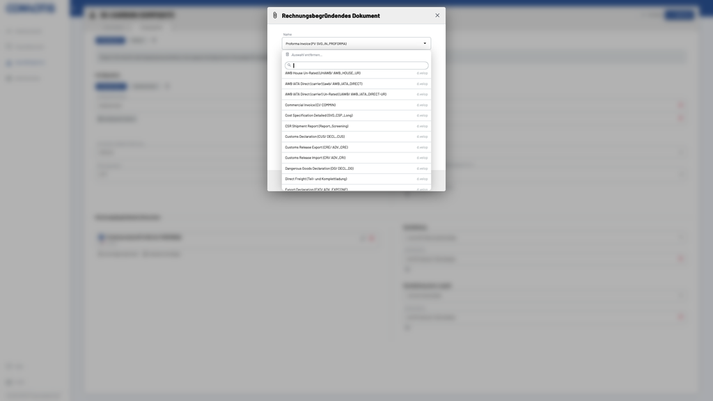 A blurred software interface with a dialog window titled “Rechnungsbegründendes Dokument” displaying a list of document options.