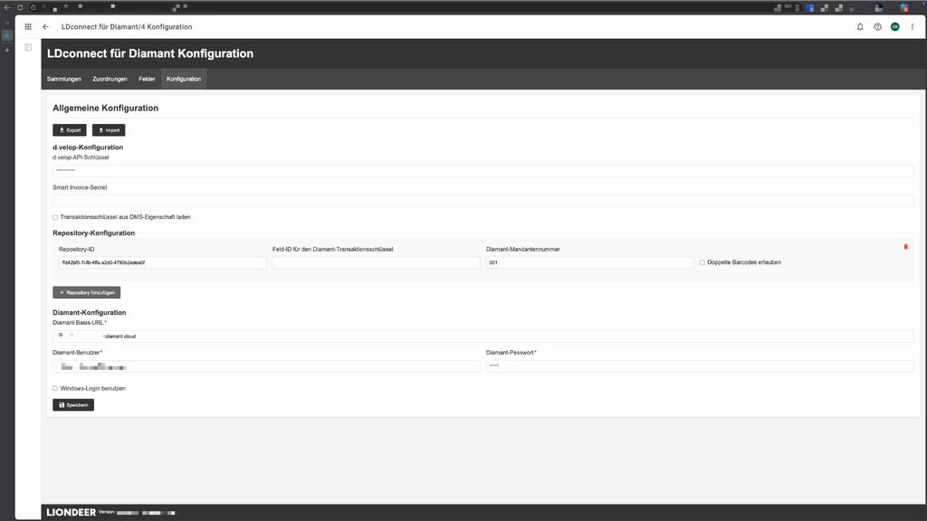 Konfigurationsseite für LDconnect mit Feldern für den d.velop-API-Schlüssel, die Repository-ID und die Diamant-Anmeldedaten. Optionen zum Exportieren/Importieren.