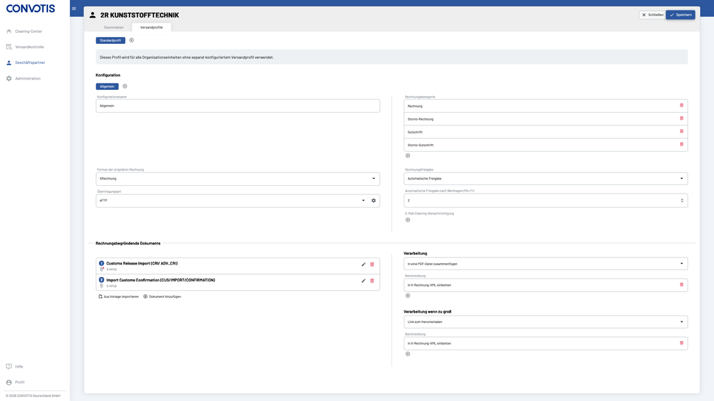 Software interface for managing shipping profiles with configuration options, invoice formats, and document processing settings.