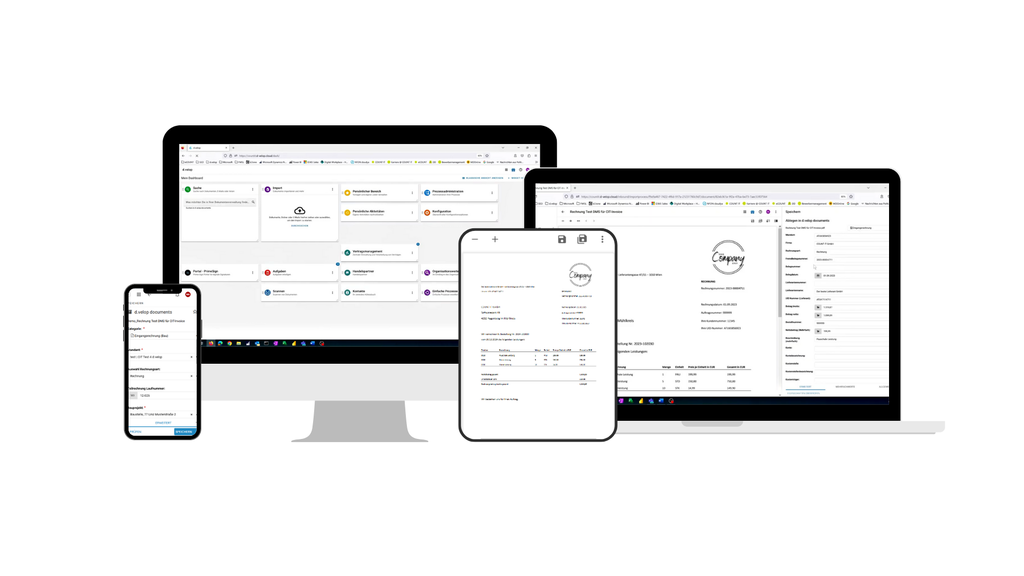Verschiedene Geräte zeigen Unternehmenssoftware an, darunter ein Smartphone, ein Tablet, ein Desktop-Computer und ein Laptop auf weißem Hintergrund.