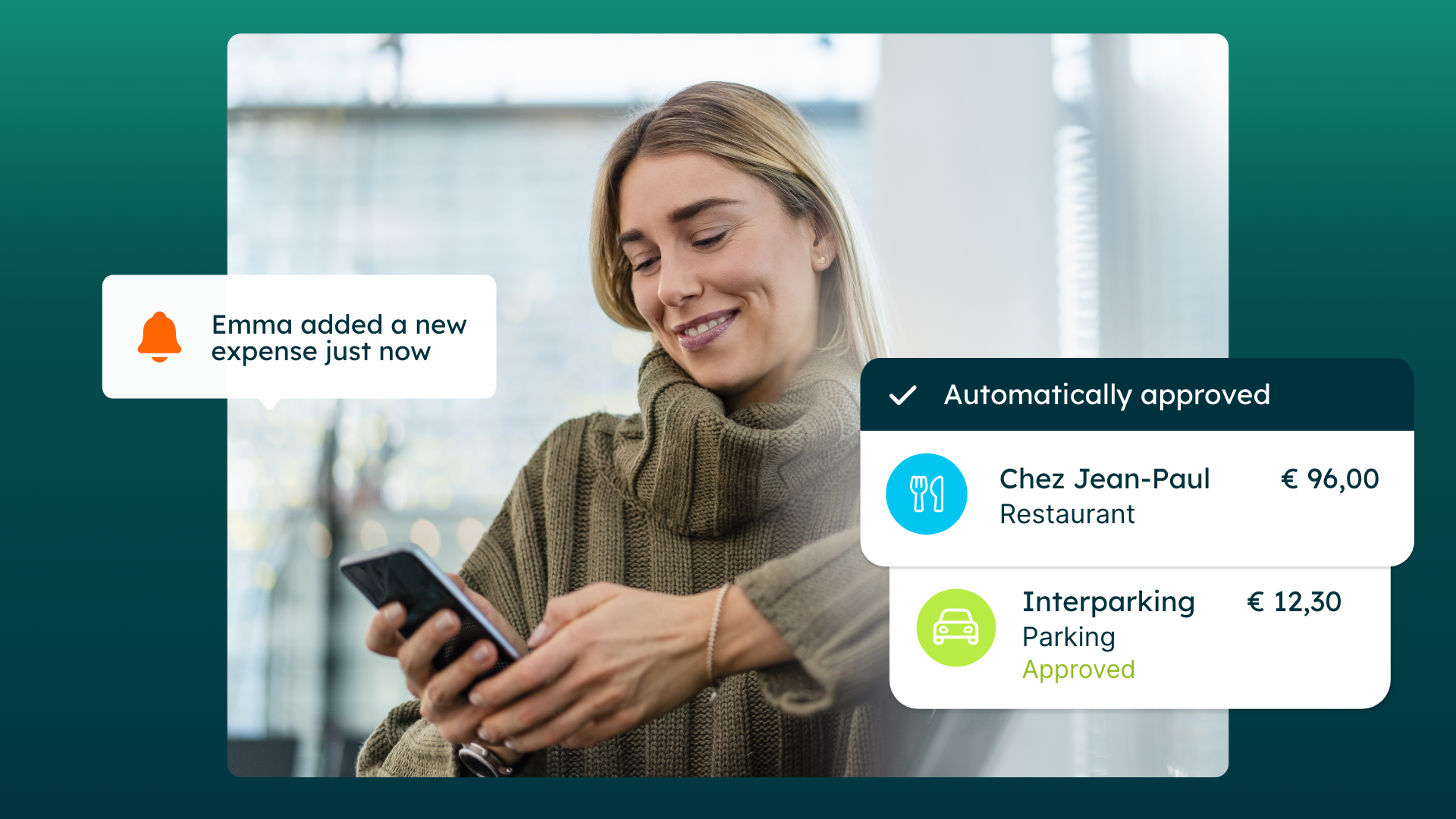 A woman smiling at her phone; notifications show expenses with automatic approval for a restaurant and parking.