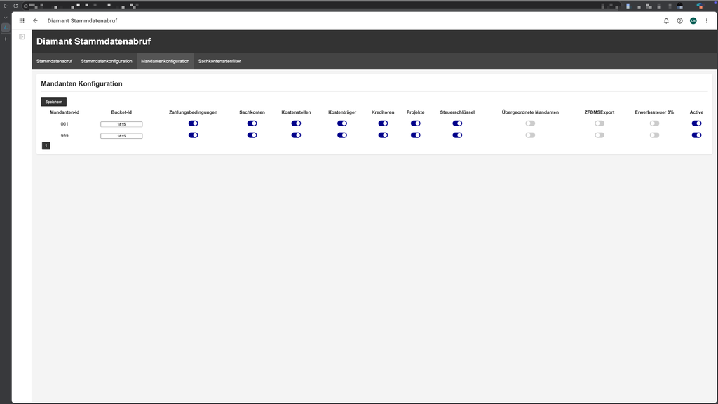 Admin-Oberfläche für „Diamant Stammdatenabruf“. Bietet Umschaltflächen für die Client-Konfigurationseinstellungen in einem übersichtlichen Tabellenlayout.