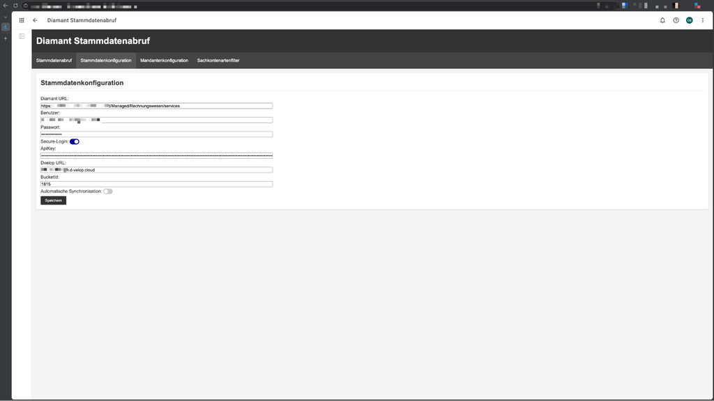 Screenshot einer Diamant-Konfigurationsseite mit Einstellungen für URL, Benutzername, Passwort und Synchronisierungsoptionen.