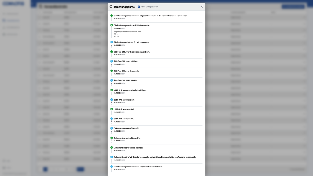 Screenshot of a "Rechnungsjournal" showing a log of actions including email sending, XML validation, and document checks with timestamps.