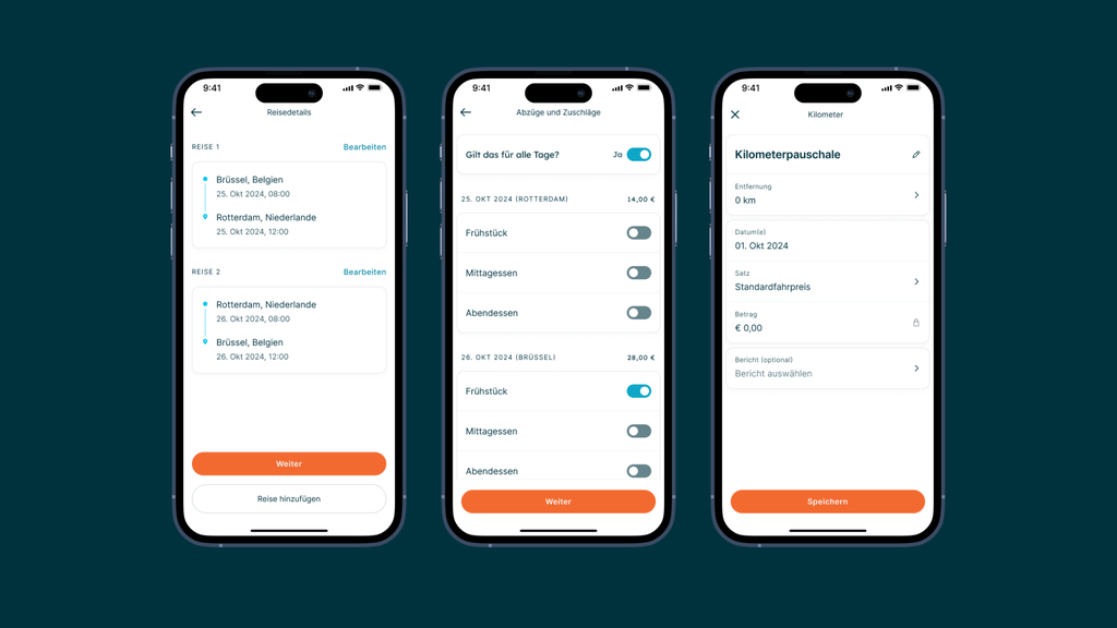 Drei Smartphone-Bildschirme, auf denen die Benutzeroberfläche einer Reise-App mit Reisedetails, Verpflegungsoptionen und Entfernungsangaben auf Deutsch zu sehen ist.