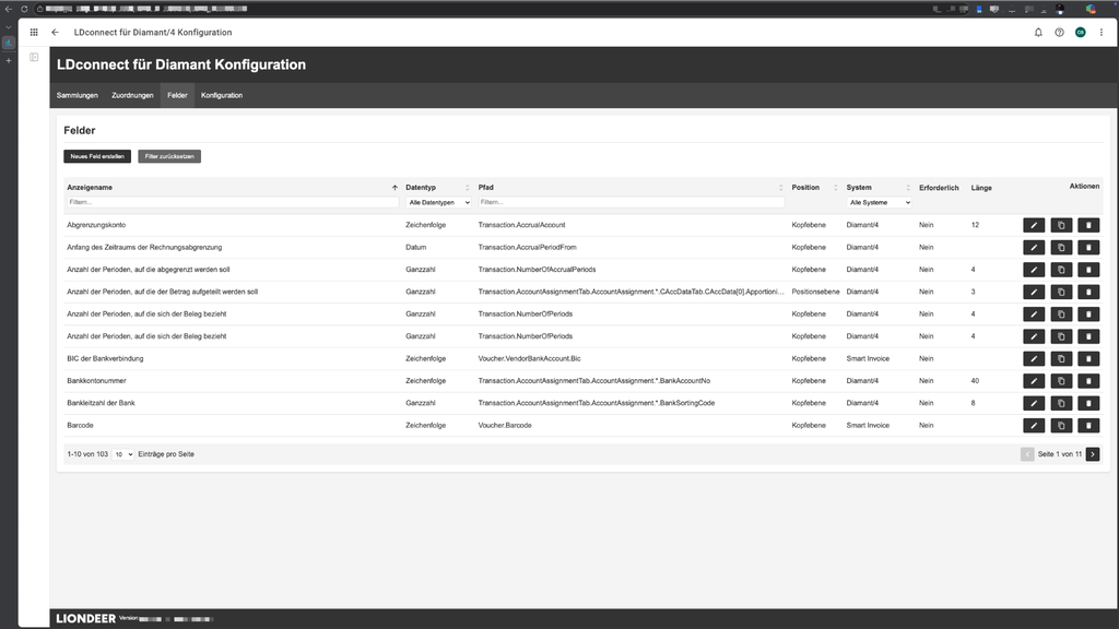 Konfigurationsoberfläche für LDconnect mit einer Tabelle, in der Abrechnungsfelder, Datentypen, Pfade und Systeminformationen angezeigt werden.
