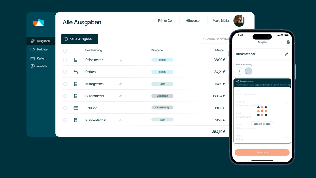 Dashboard und mobile App zur Ausgabenverwaltung mit Kategorien wie „Reisen“, „Parken“ und „Verpflegung“ in einer Listenansicht.