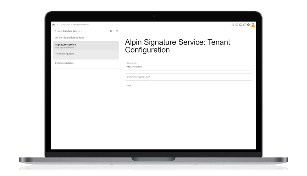 Laptop-Bildschirm mit der Anzeige „Alpin Signature Service: Mieterkonfiguration“ mit Eingabefeldern und einer Schaltfläche zum Absenden auf einer Webseite.