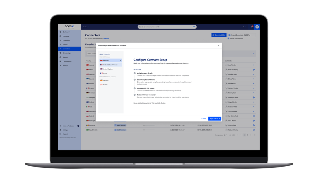 Laptop mit einer Software-Oberfläche zur Konfiguration der Compliance-Einstellungen für Deutschland, mit Optionen zur Länderauswahl und zu den Schritten der ERP-Integration.