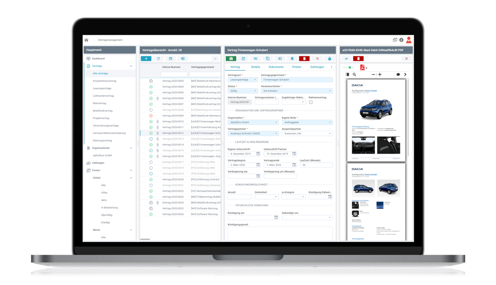 Laptop screen displaying contract management software with lists, contract details, and vehicle documentation.