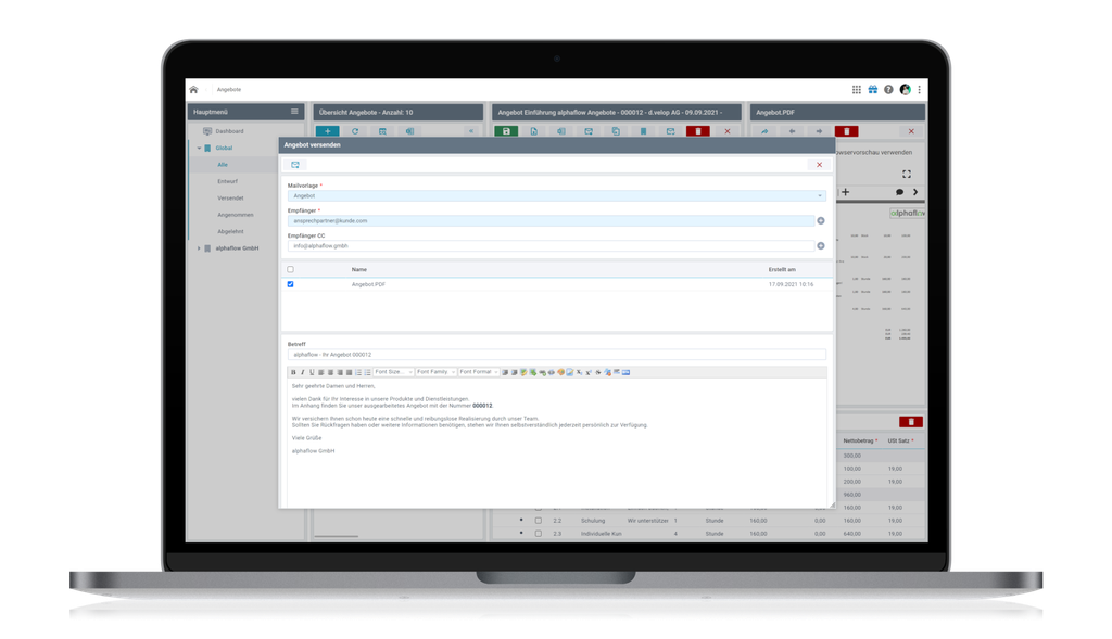 Laptop, auf dem die Benutzeroberfläche einer Projektmanagement-Software mit Aufgabendetails, Optionen und einem Texteditor-Fenster angezeigt wird.