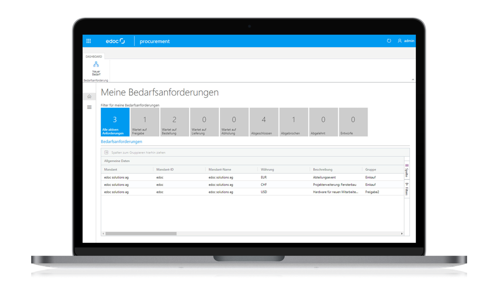 Laptop, auf dem ein Dashboard einer Beschaffungssoftware mit Navigationsmenü und einer Liste von Anfragen in deutscher Sprache angezeigt wird.