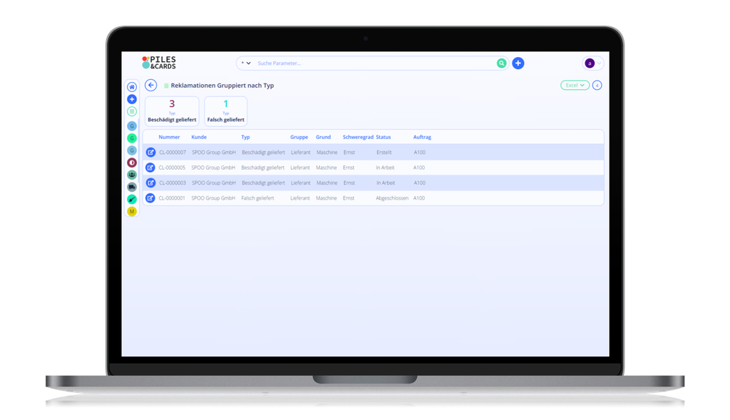 Laptop screen displaying a software interface with a table showing claims data, including numbers, customer, type, status, and order.