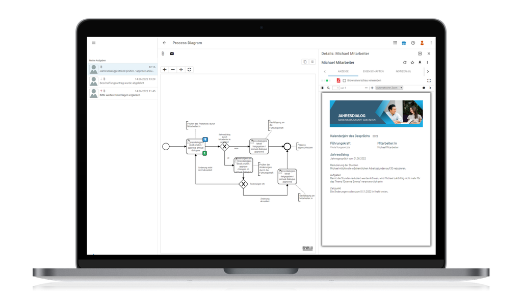 Laptop, auf dessen Bildschirm ein Prozessdiagramm und Dokumentdetails in einer Softwareoberfläche angezeigt werden, um das Workflow-Management zu veranschaulichen.