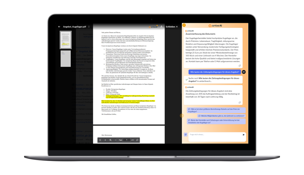 Ein Laptop-Bildschirm, auf dem links ein Dokumenteneditor und rechts eine KI-Chat-Oberfläche angezeigt werden, wobei in beiden Fenstern Text markiert ist.