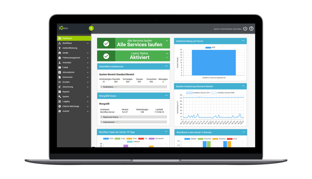 Ein Laptop, auf dem ein Dashboard mit Systemaktualisierungen, Statusberichten und verschiedenen Grafiken in Blau- und Grüntönen angezeigt wird.
