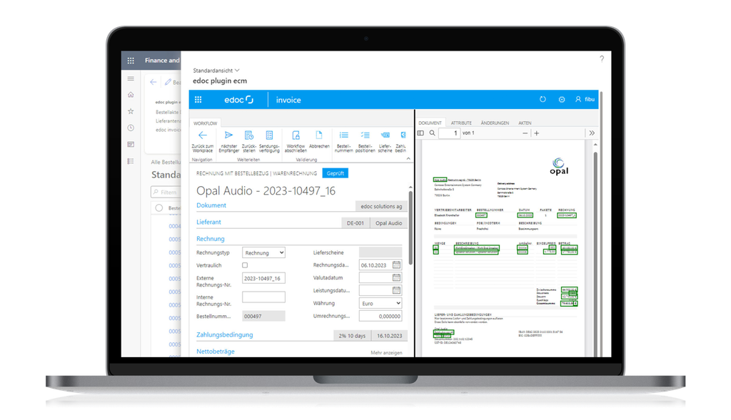Laptop displaying an invoice management system with details of an Opal Audio transaction and accompanying document preview.