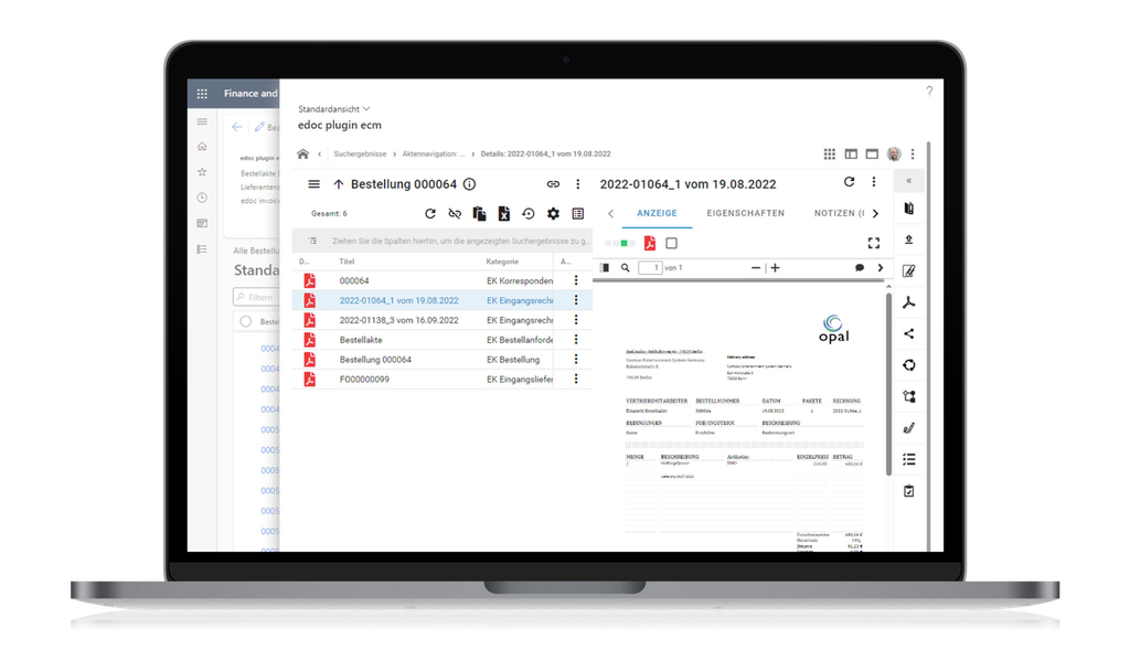Laptop screen displaying a document management interface with a list of PDF files and a visible invoice from Opal.