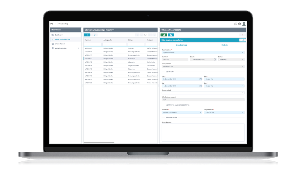Urlaubsantragsformular der alphaflow Urlaubsantrag Software