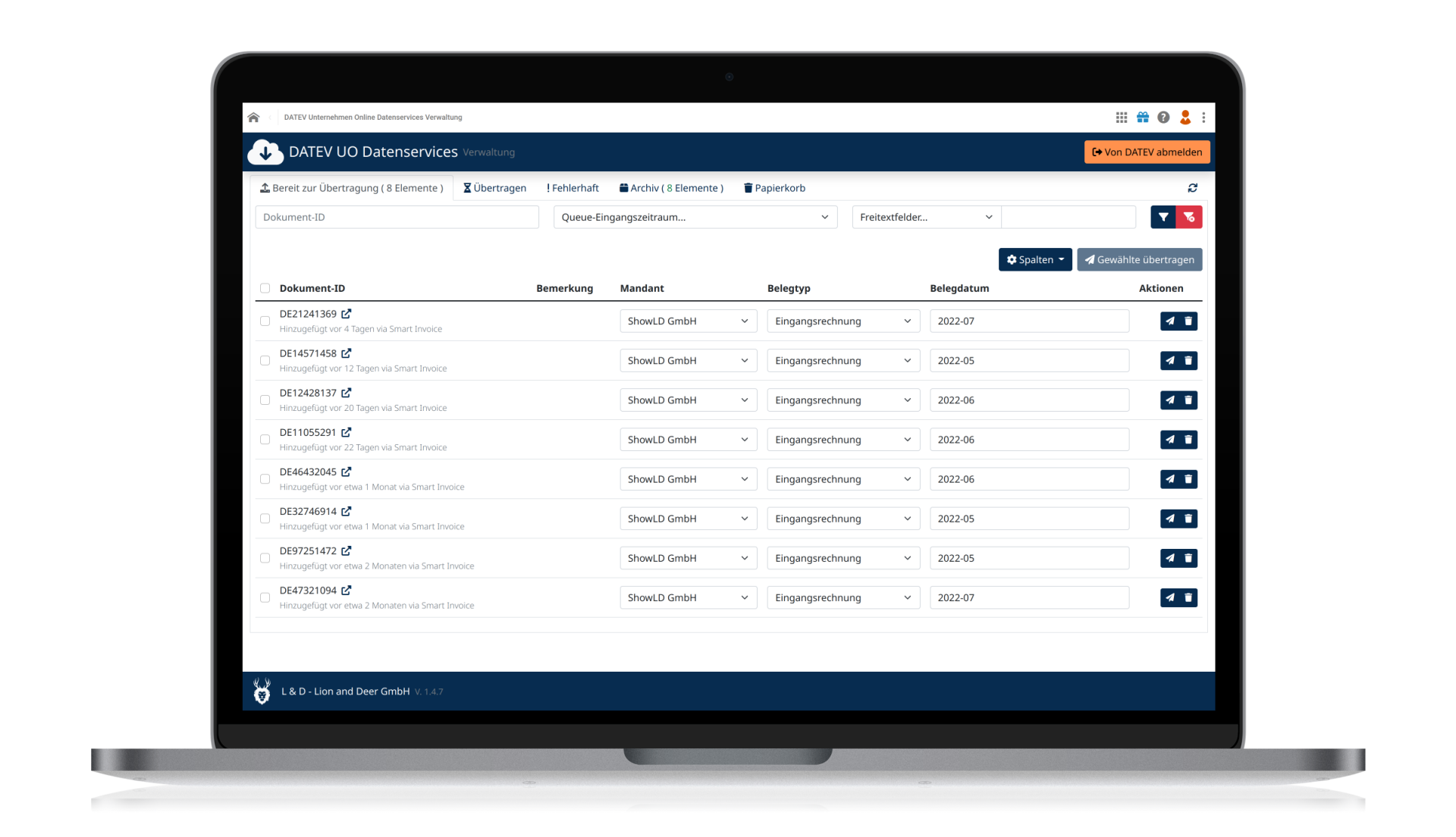 A laptop displaying a document management interface with a list of documents, sorting options, and action buttons on the right-hand side.