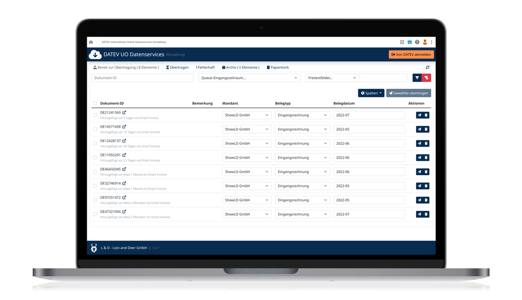 A laptop displaying a document management interface with a list of documents, sorting options, and action buttons on the right-hand side.