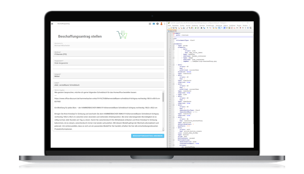 Ein Laptop-Bildschirm, auf dem eine Software-Oberfläche mit einem Formular auf der linken Seite und Code auf der rechten Seite zu sehen ist.