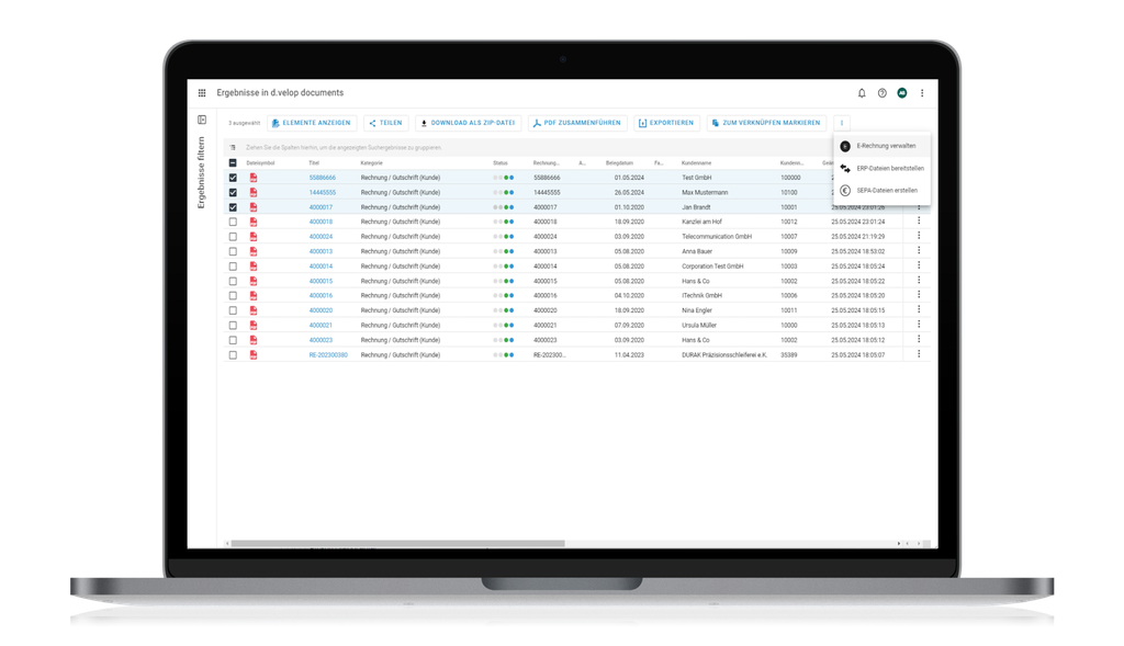 Laptop-Bildschirm, auf dem ein Dokumentenverwaltungssystem angezeigt wird, mit einer Tabelle, in der Dateien, Details und Aktionen wie Herunterladen und Löschen aufgeführt sind.