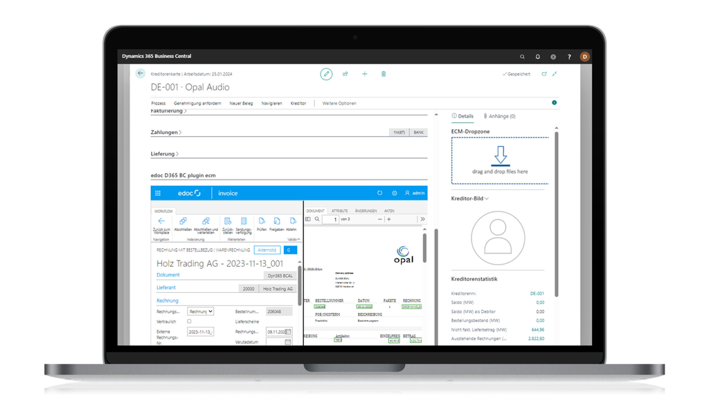 Laptop, der eine Business-Software-Oberfläche mit Rechnungsdetails, einem Bereich zum Hochladen von Dokumenten und Navigationsoptionen anzeigt.