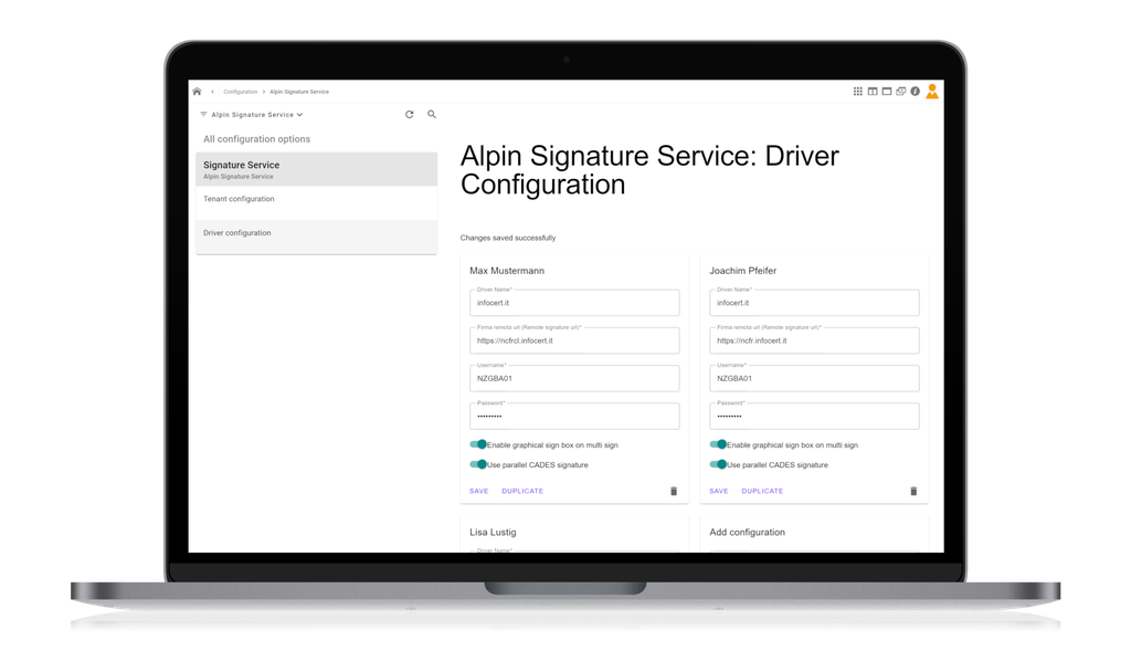 Laptop-Bildschirm, auf dem die Seite „Alpin Signature Service: Treiberkonfiguration“ mit Benutzerdaten und Umschaltern für Einstellungen angezeigt wird.