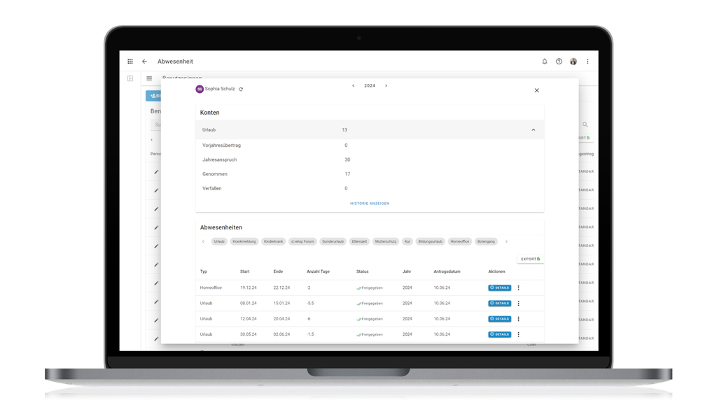 Ein Laptop, auf dem das Dashboard einer Abwesenheitsverwaltungssoftware mit einer Tabelle mit Abwesenheitsdetails, einschließlich Daten und Status, angezeigt wird.