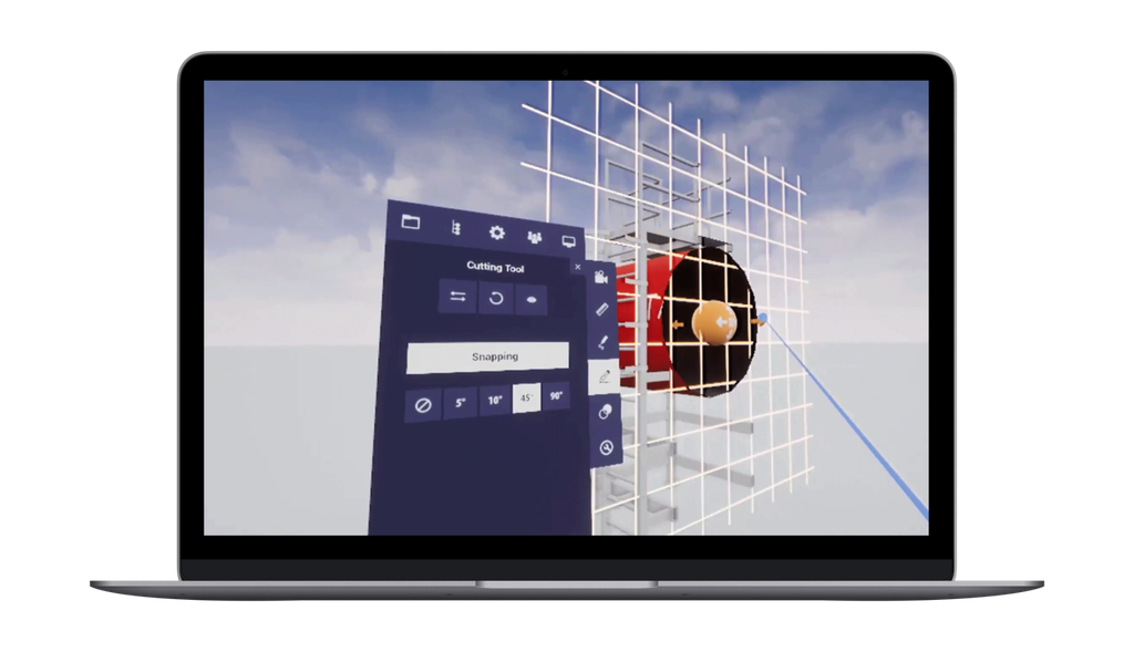 Auf einem Laptop-Bildschirm wird die Benutzeroberfläche einer 3D-Modellierungssoftware mit einem Raster, einem kugelförmigen Objekt und einem Menü mit Schneidewerkzeugen vor einem wolkigen Himmel angezeigt.