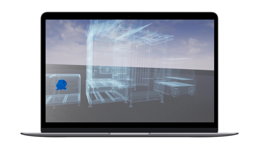 Ein Laptop-Bildschirm, auf dem eine durchscheinende 3D-Zeichnung einer Maschine vor einem Himmelshintergrund angezeigt wird.
