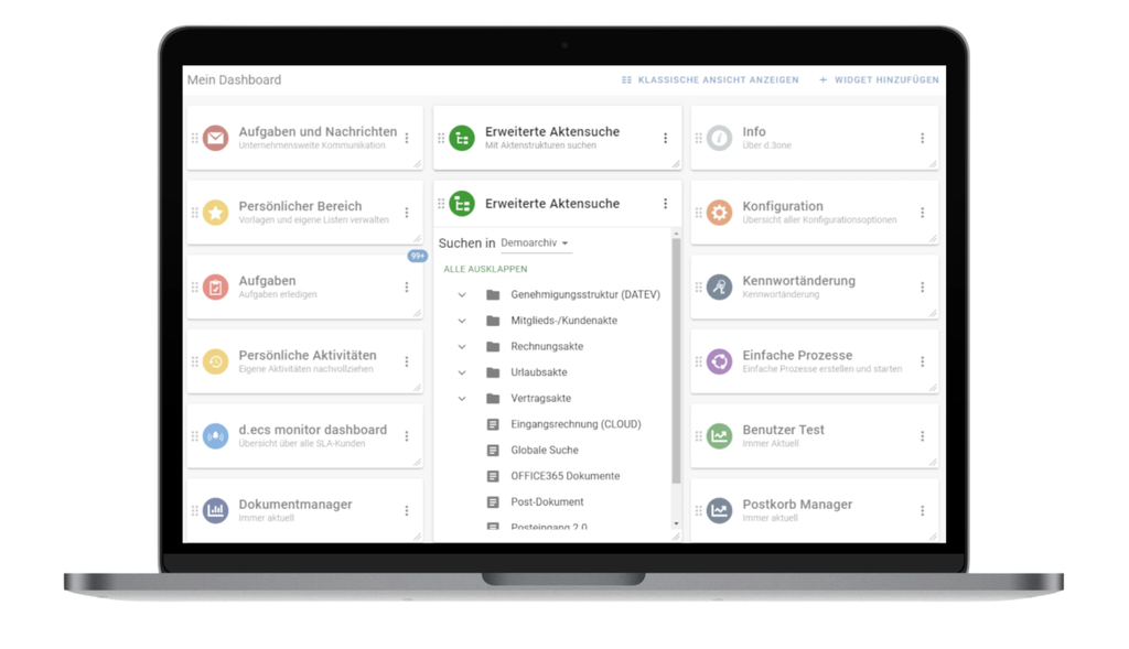 Ein Laptop-Bildschirm, auf dem ein Dashboard mit verschiedenen, nach Kategorien geordneten Widgets und Tools in deutscher Sprache angezeigt wird, darunter Aufgaben, persönliche Aktivitäten und Konfigurationsoptionen.