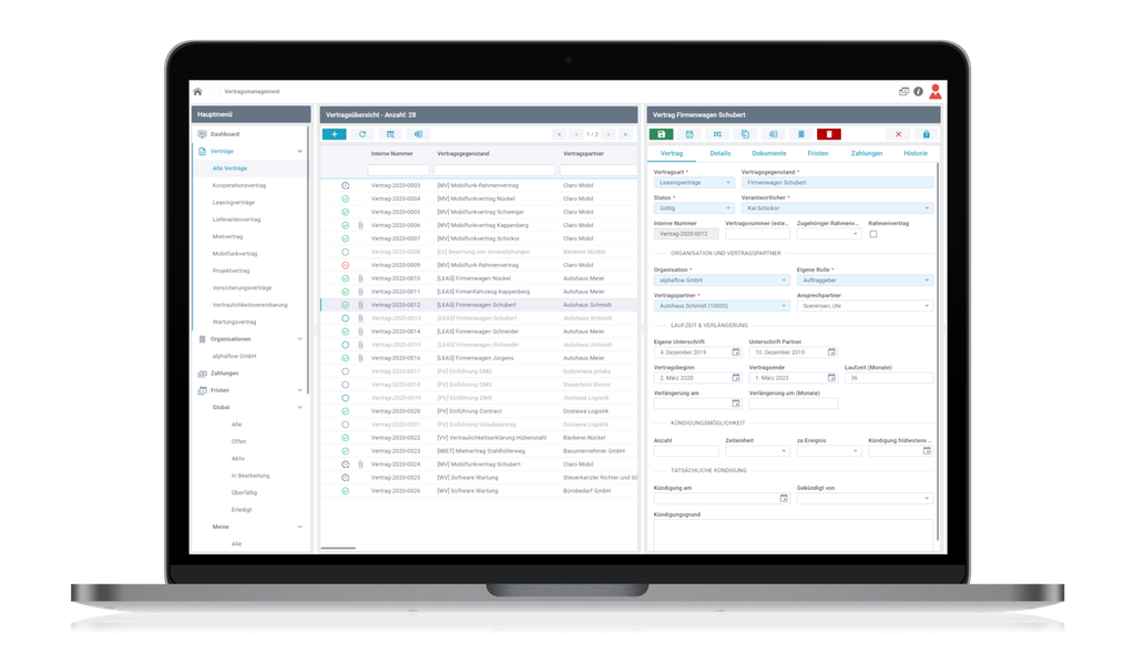 Laptop screen showing contract management software with a list of agreements and detailed contract information on the right.
