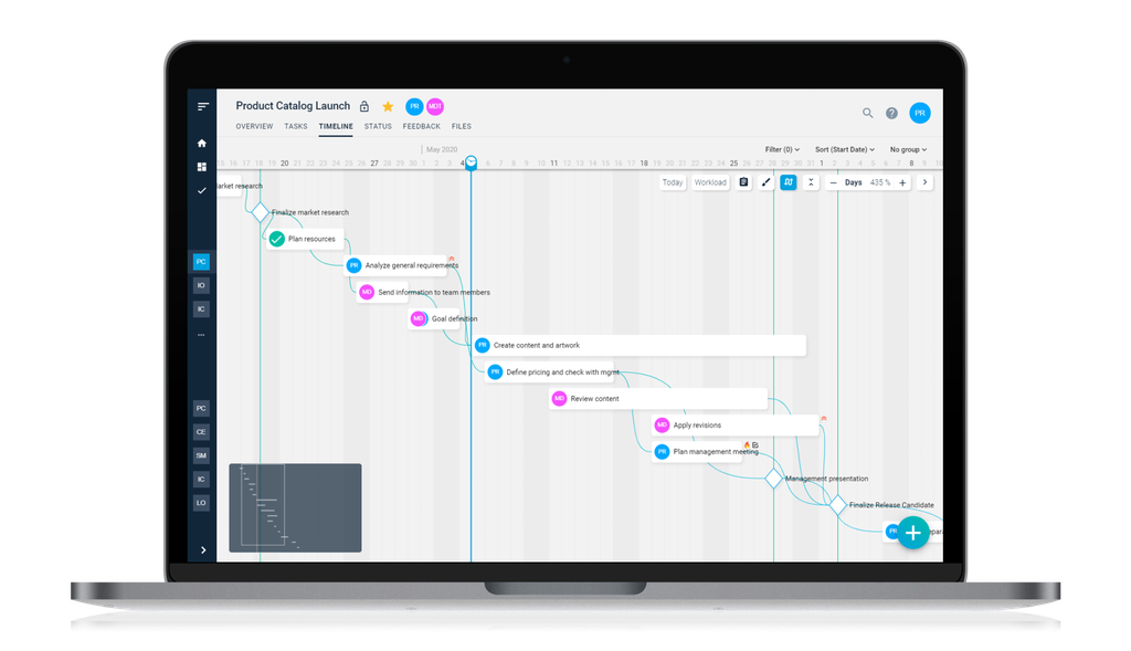 Ein Laptop zeigt einen Projektmanagement-Zeitplan mit Aufgaben, Meilensteinen und Abhängigkeiten auf einer Gantt-Diagramm-Oberfläche an.